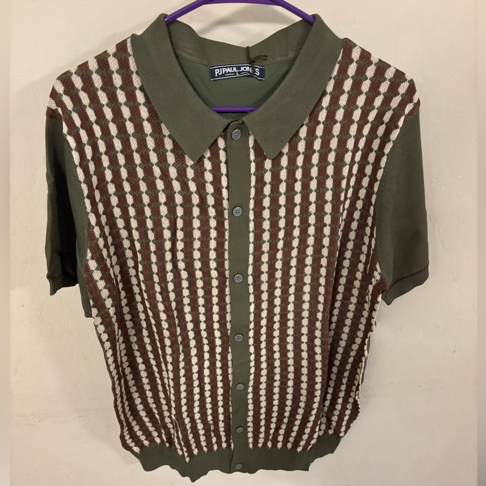 PJ Paul Jon Olive Green Knit Polo with Brown & Cream Pattern